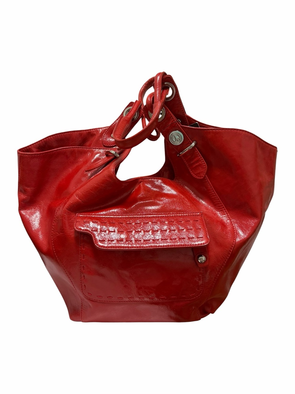 Donald Pliner Crinkled Patent Red Leather Tote Handbag